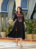 Juniper Women's Black Thread Embroidered Liva Rayon A-Line Dress With Tassel Kaudis & Doris At Waist
