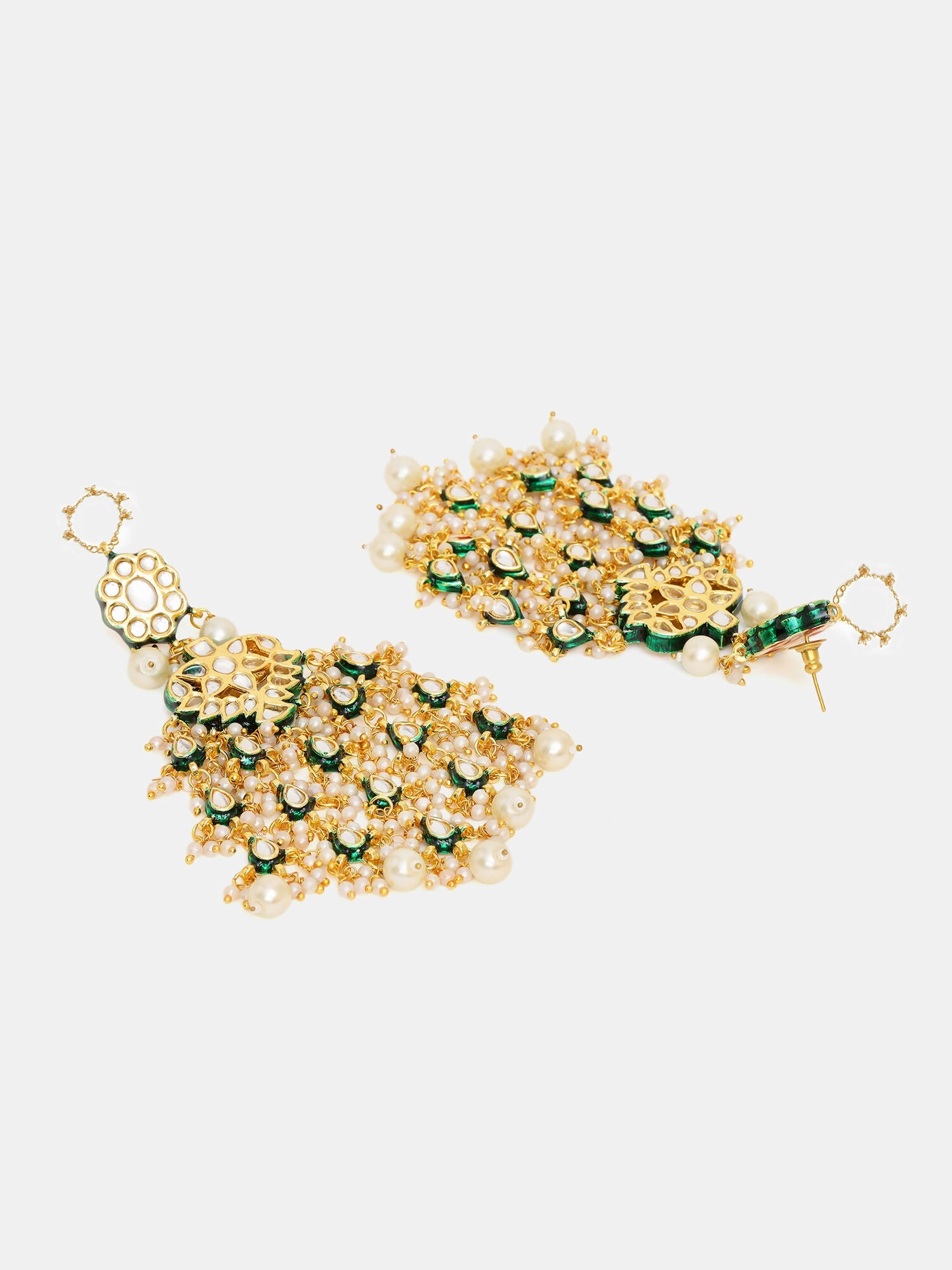 Ruby Raang 22k Gold Polished Kundan Chand Earrings With Ear Chains - Distacart