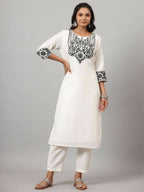 Juniper Women's White Chinnon Solid Embroidered Kurta Set - Distacart
