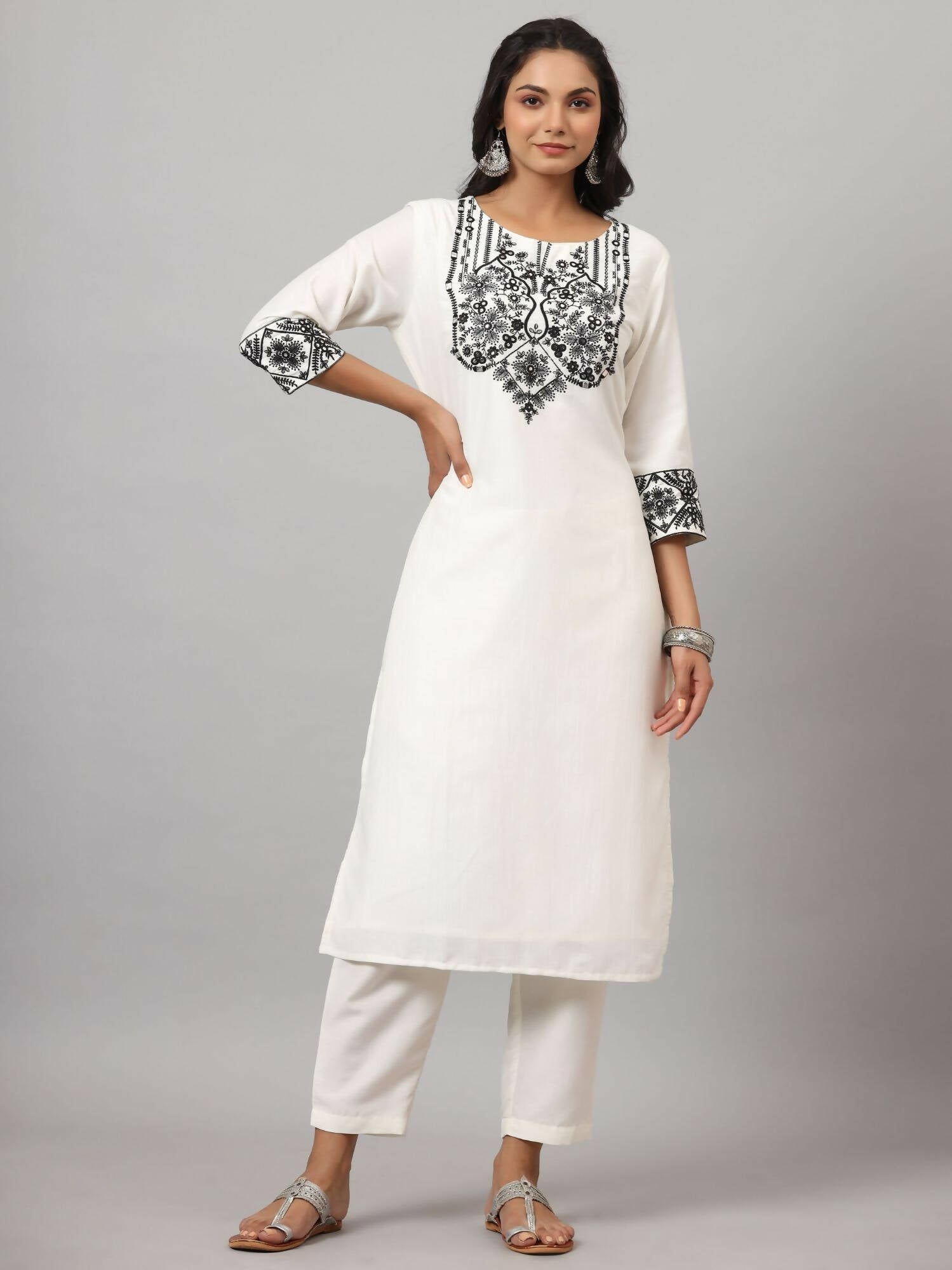 Juniper Women's White Chinnon Solid Embroidered Kurta Set - Distacart