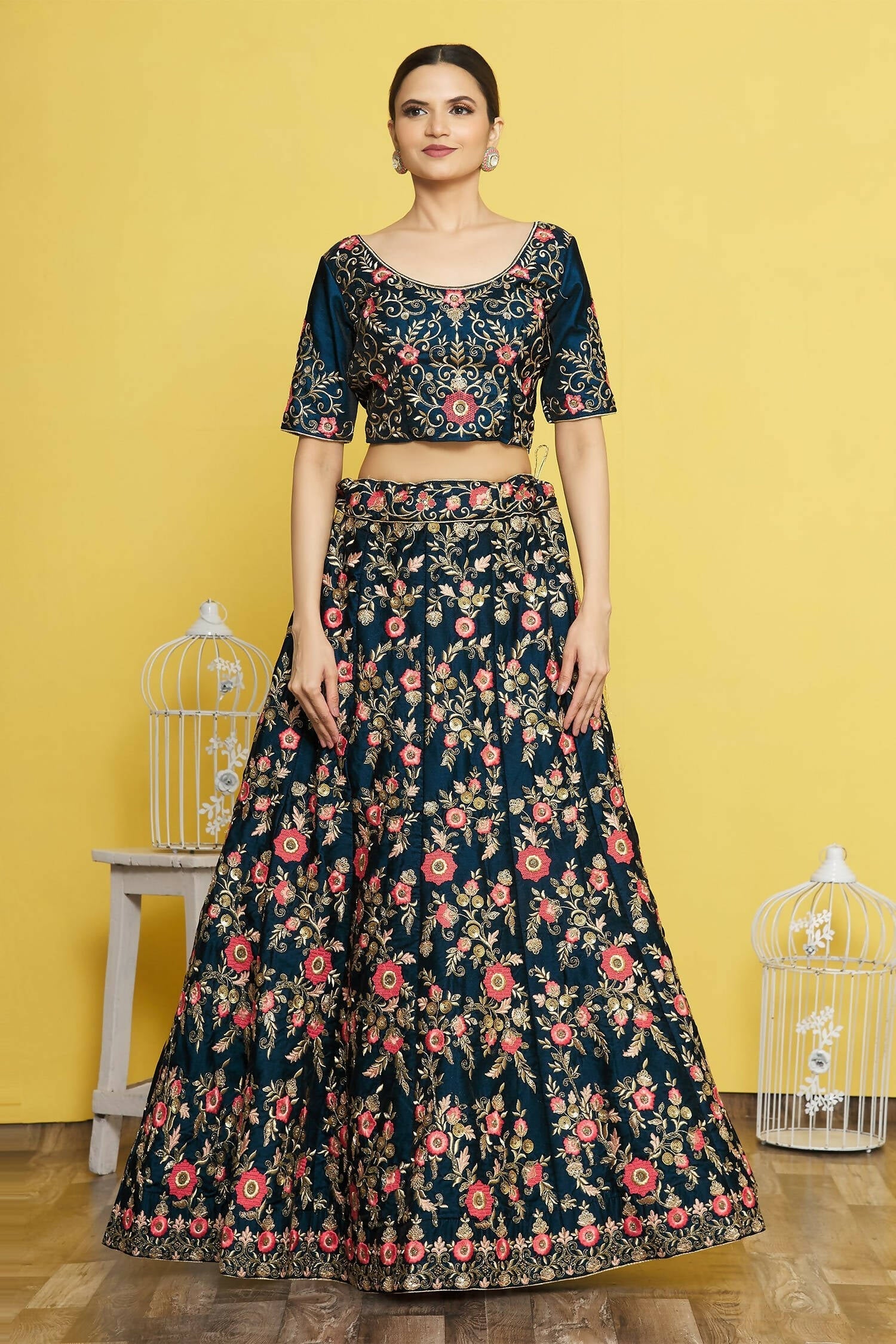 Blue Silk Semi-Stitched Wedding Bridal Lehenga - Nimaya