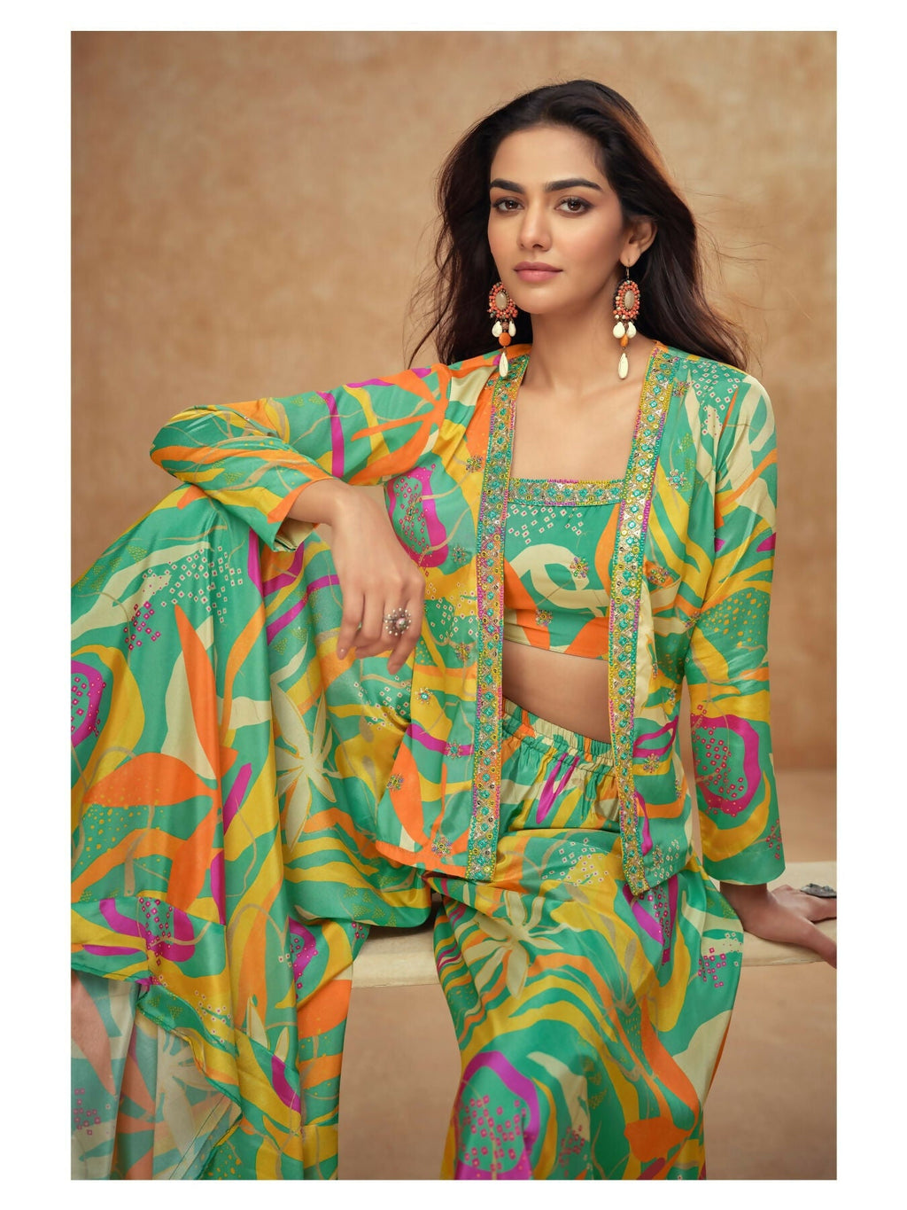 Anaita Parrot Green Real Chinon Stitched 3 Piece Suit with Printed & Embroidery hand work - Distacart
