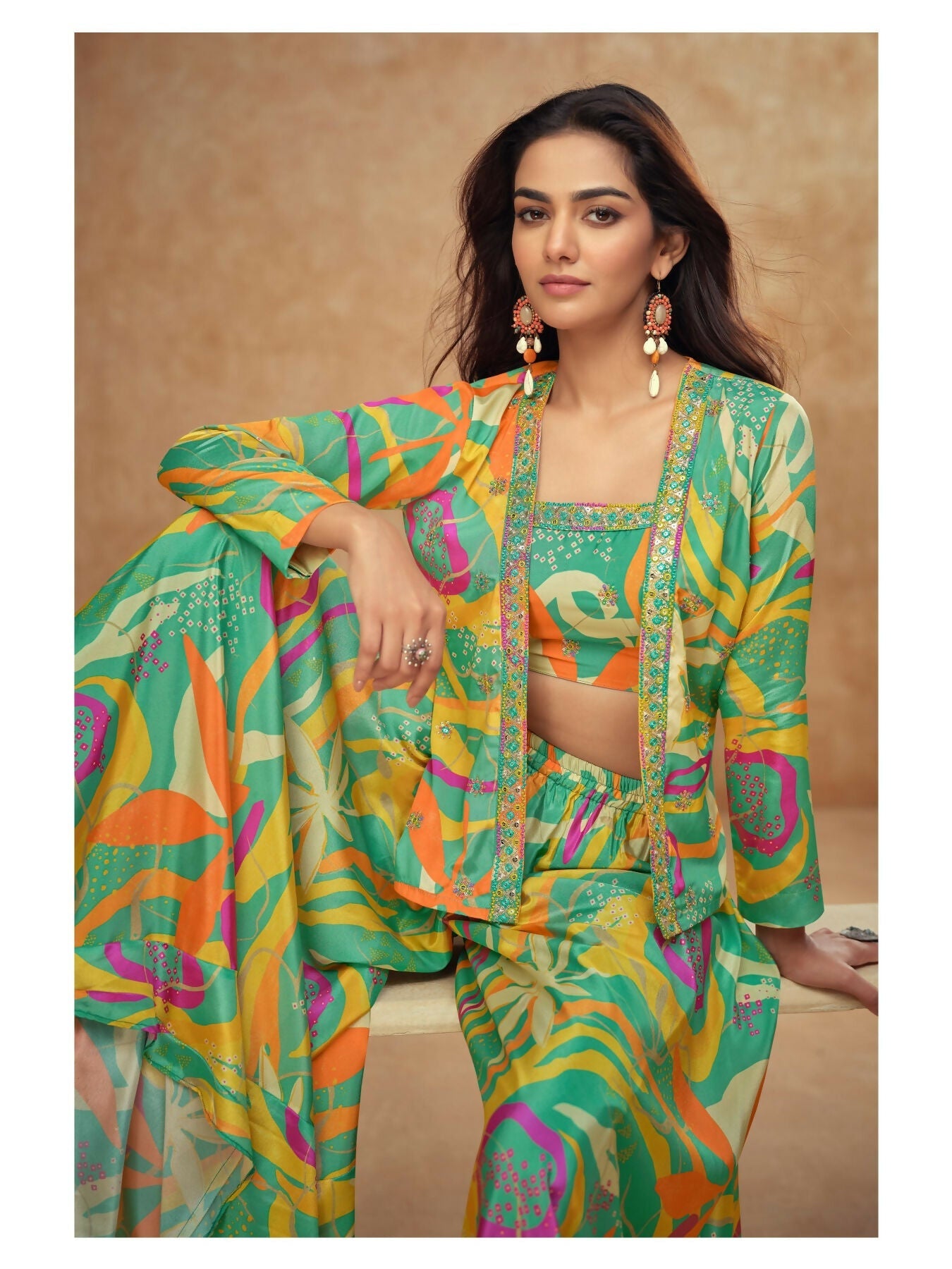 Anaita Parrot Green Real Chinon Stitched 3 Piece Suit with Printed & Embroidery hand work - Distacart