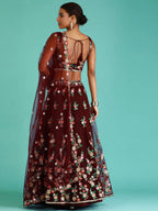 House of Panchhi Burgundy Net Sequinse Work Lehenga & Blouse, Dupatta