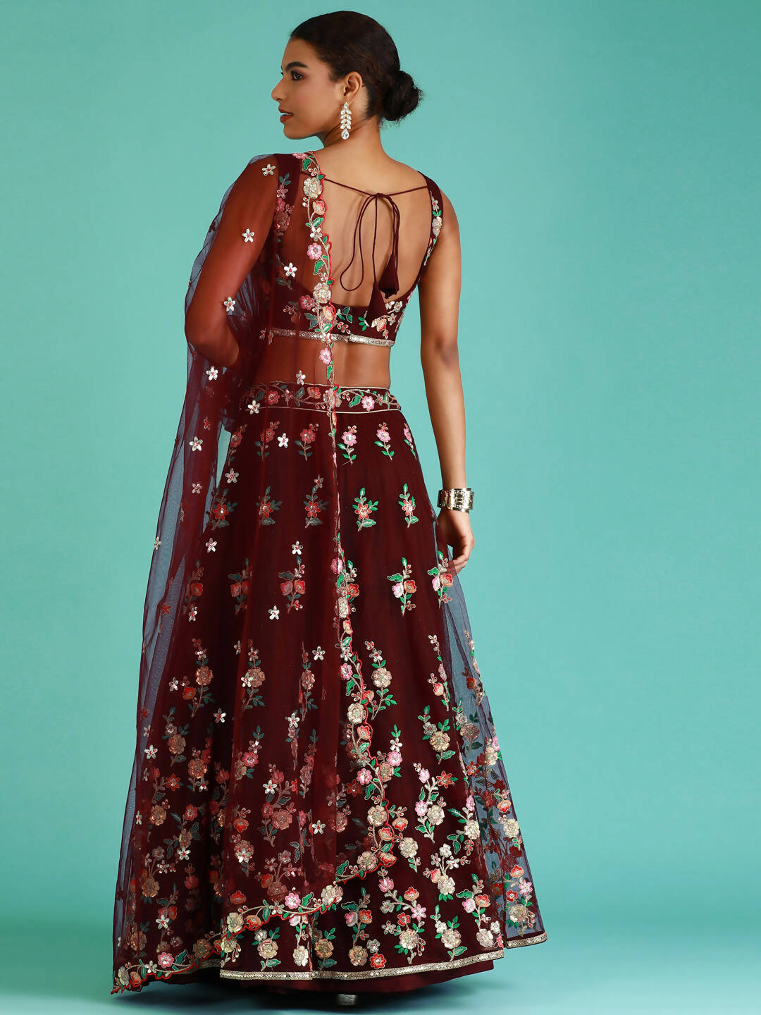 House of Panchhi Burgundy Net Sequinse Work Lehenga & Blouse, Dupatta