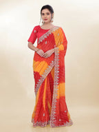 Orange Georgette Bandhani Printed,Embroidery Work Saree - Bandhan