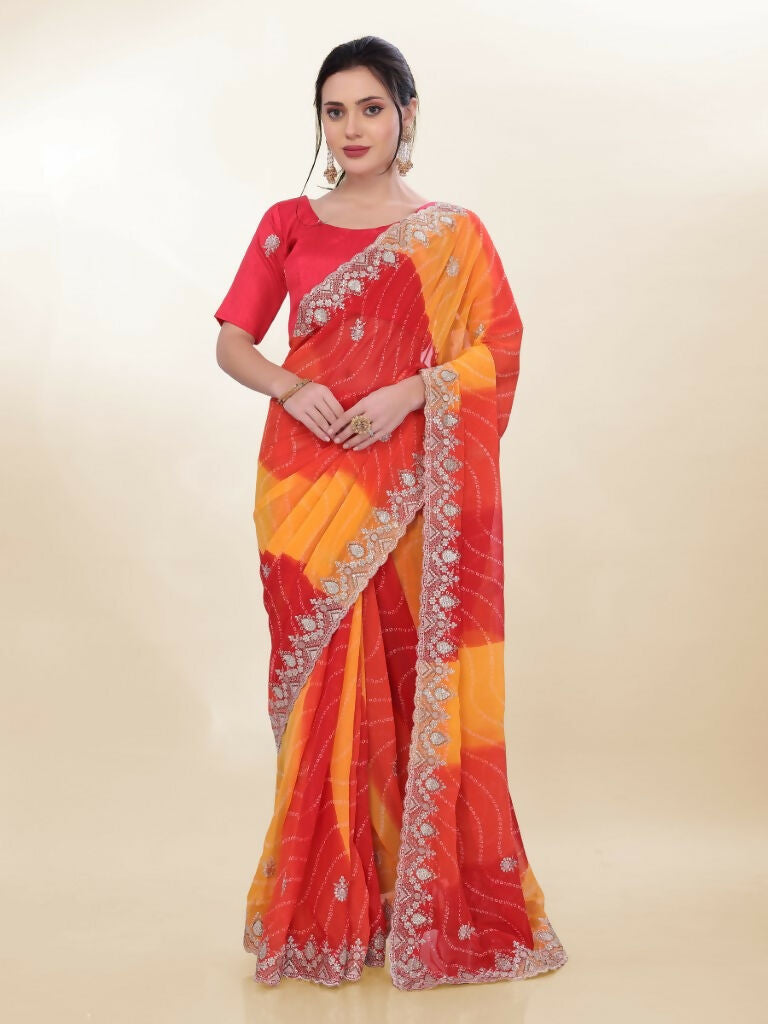 Orange Georgette Bandhani Printed,Embroidery Work Saree - Bandhan