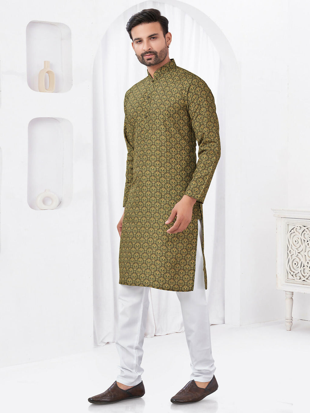 Joban Fashion Men's Rayon Cotton Olive Printed Kurta Pyjama set