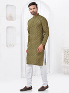 Joban Fashion Men's Rayon Cotton Olive Printed Kurta Pyjama set