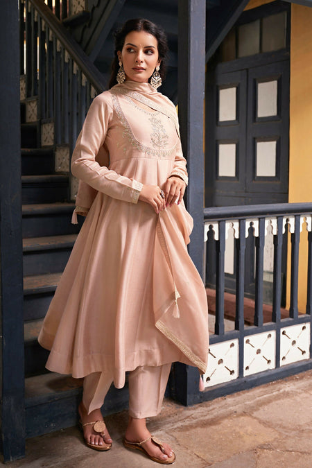 The52 Women's Beautiful Vichitra Silk Fabric Embroidery Work Flared Anarkali Pant and Dupatta Set