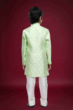 Raivat Ethnic Kids Banarasi Jacquard Woven Work Semi Indo Western Set Pista Green Colour