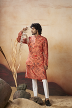 Floral Jal Print Silk Nehru Jacket Set by Hilo Design