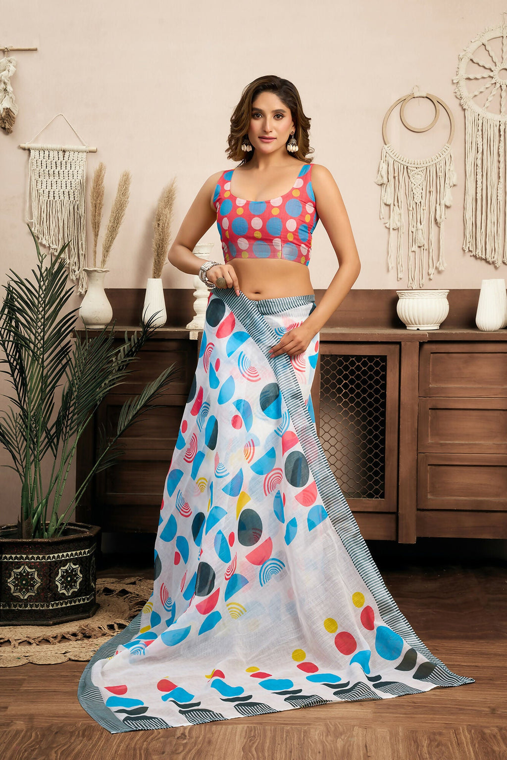Vastranavya Multicolor Digital Printed Linen Ready To Wear Designer Saree with Unstitched Blouse - Distacart