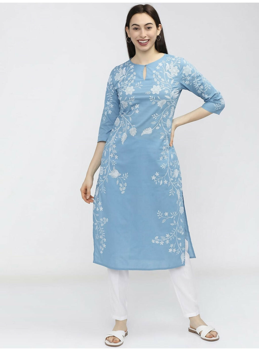 Cheera Women Stylish Hand Block Printed Cotton Blend Flared Kurta - Sky Blue