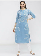 Cheera Women Stylish Hand Block Printed Cotton Blend Flared Kurta - Sky Blue