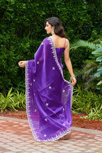 Vastranavya Purple-Blue Embroidery Work Shimmer Chiffon Saree with Unstitched Blouse - Distacart