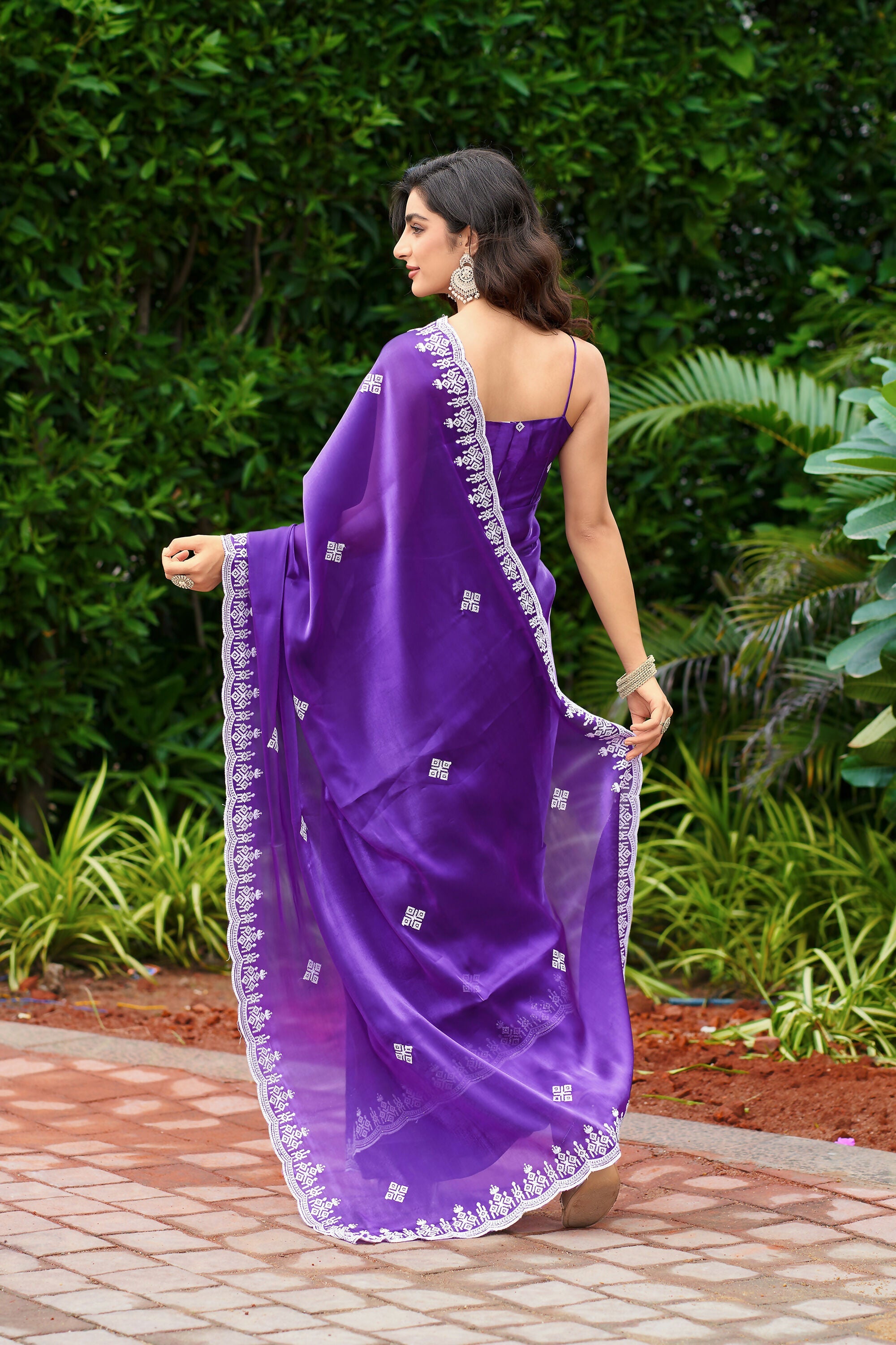 Vastranavya Purple-Blue Embroidery Work Shimmer Chiffon Saree with Unstitched Blouse - Distacart