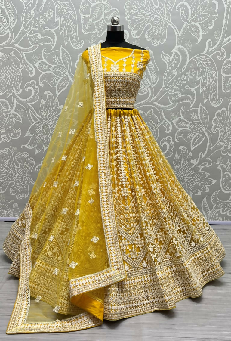 Jyoti Fashion Women's Yellow Net Patterned Thread Embroidered with Sequins Wedding Lehenga Choli