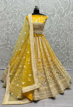 Jyoti Fashion Women's Yellow Net Patterned Thread Embroidered with Sequins Wedding Lehenga Choli