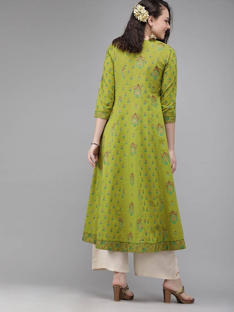 Yufta Women Green & Brown Printed A-Line Panelled Kurta