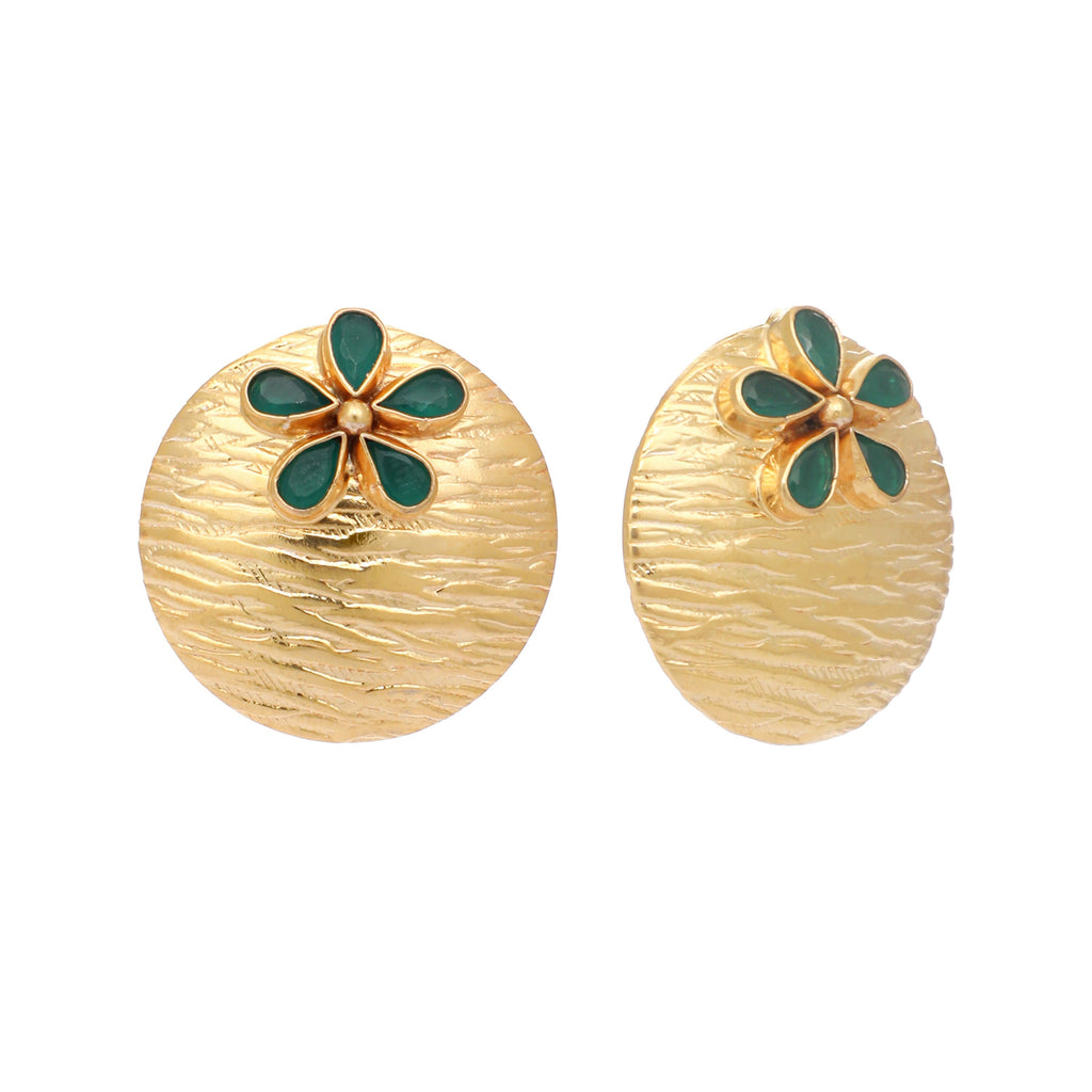 Nuyug 22K Gold-Plated Faux Emerald Stones Studded Circular Floral Shaped Motif Studs - Distacart