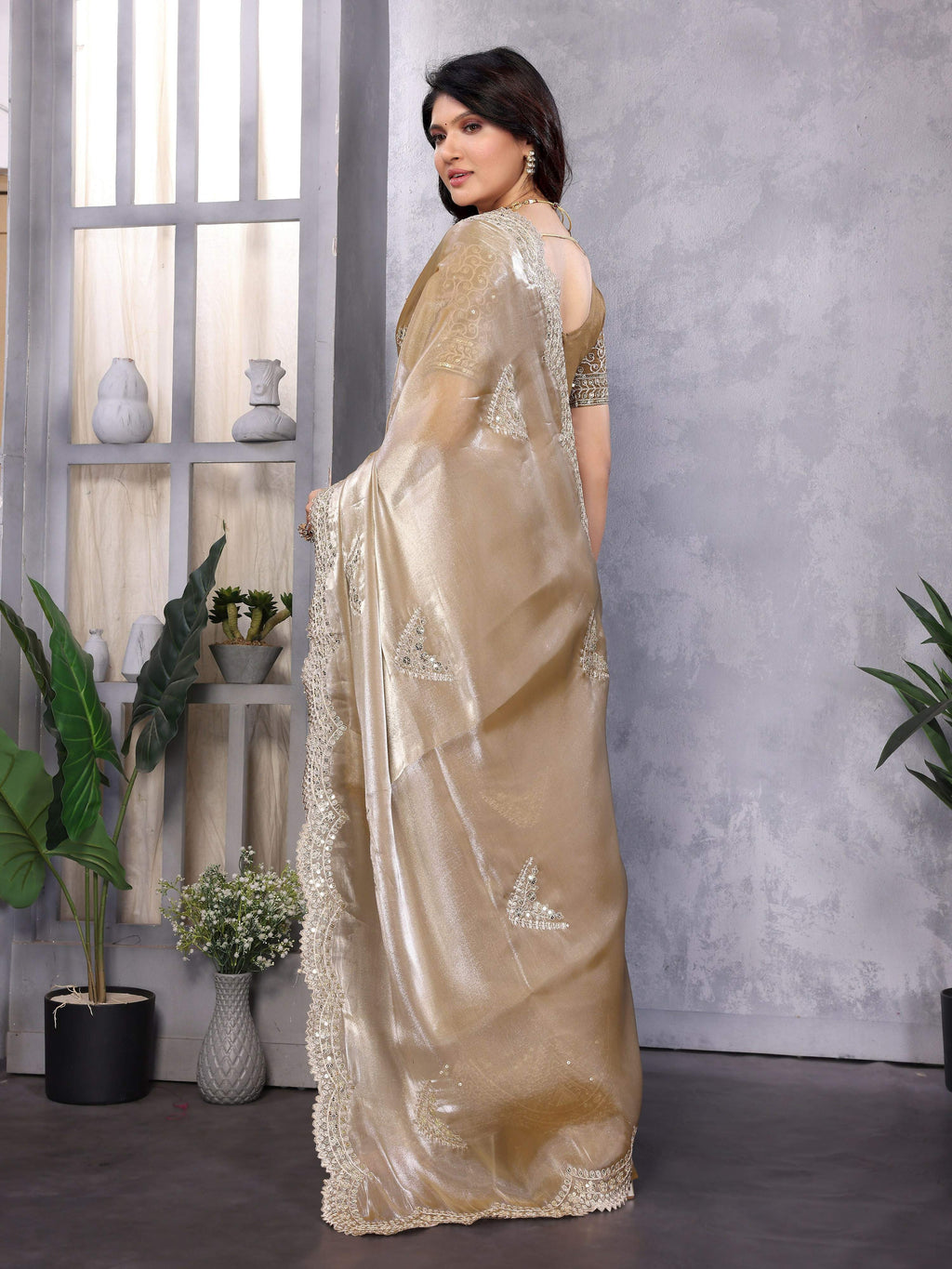 Vastranavya Beige Embroidery Work Shimmer Chiffon Saree with Unstitched Blouse - Distacart