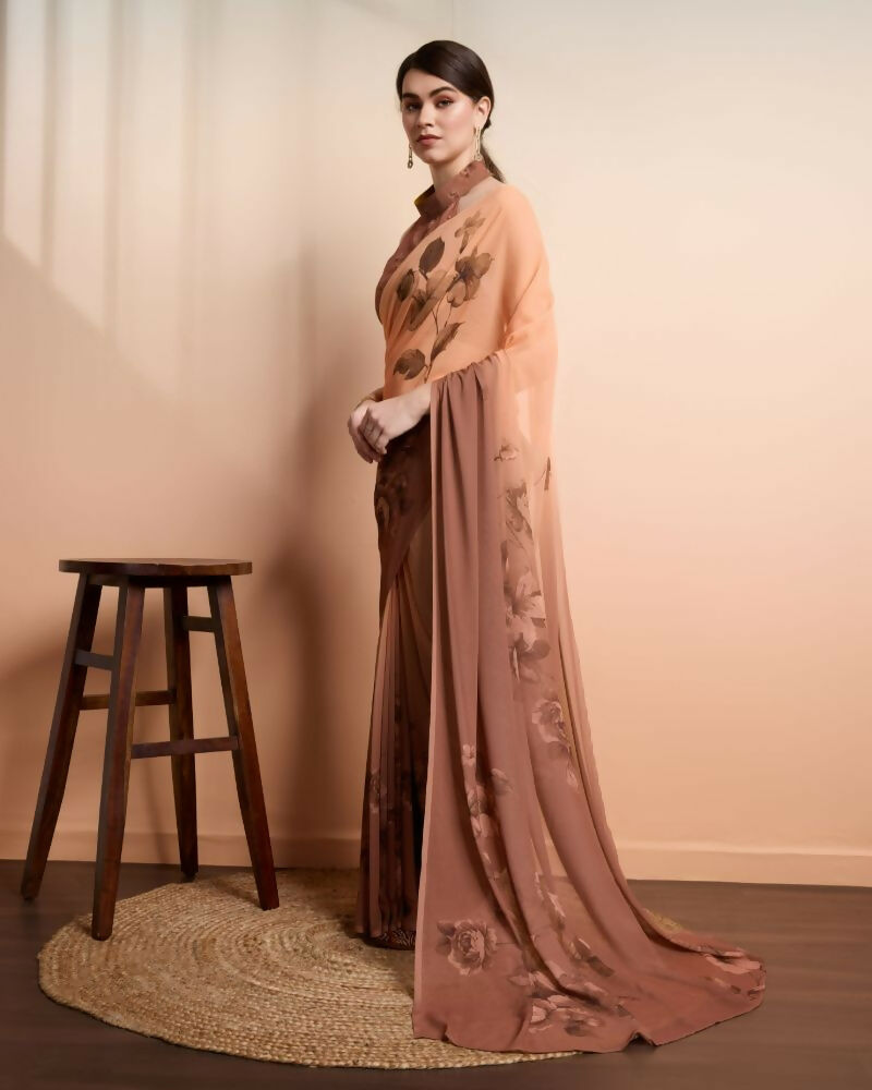 Brown Georgette Designer Printed Party Wear Saree - Cinderella