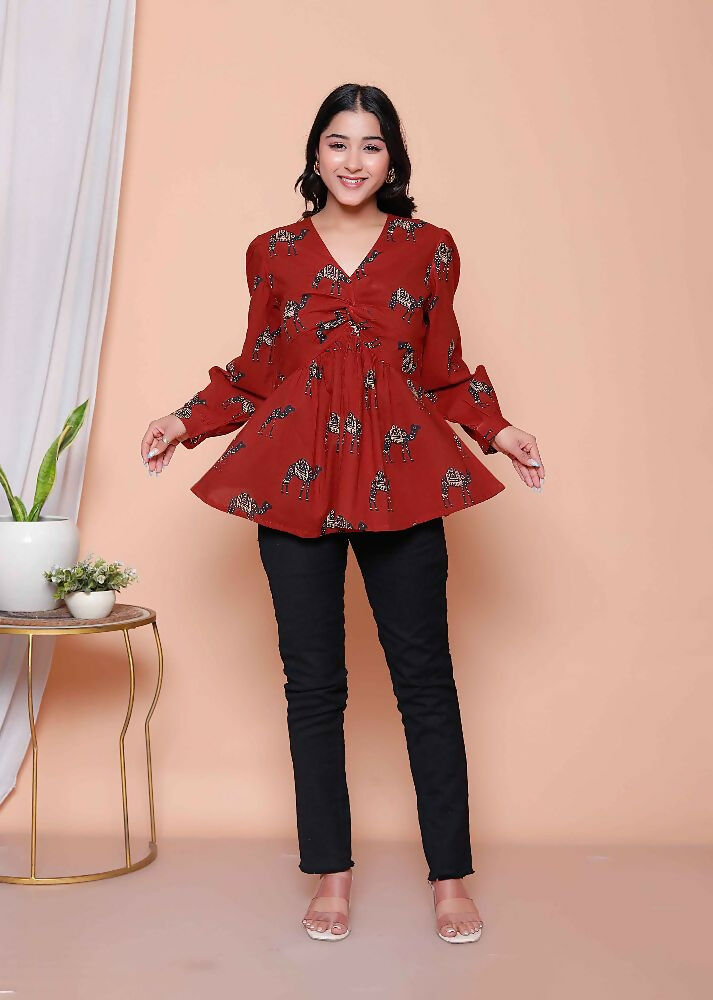 Miravan Womens Brown Animal Printed Balloon Sleeves V Neck Butterfly Top - Distacart