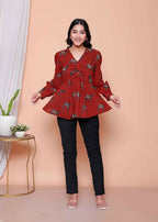 Miravan Womens Brown Animal Printed Balloon Sleeves V Neck Butterfly Top - Distacart