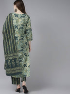 Yufta Women Teal and Beige Floral Dyed Pure Cotton Kurta with Palazzo and Dupatta