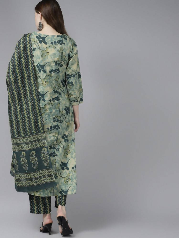 Yufta Women Teal and Beige Floral Dyed Pure Cotton Kurta with Palazzo and Dupatta