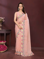 Ai Fashion Cream Soft Star Georgette Embroidery Party Wear Saree - Distacart