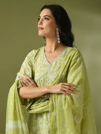Myshka Women's Lime Green Printed Cotton Anarkali Party Kurta Set With Dupatta