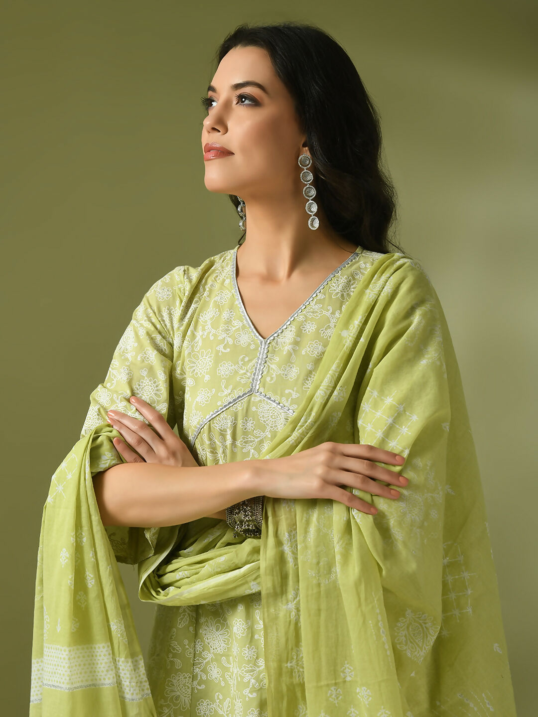 Myshka Women's Lime Green Printed Cotton Anarkali Party Kurta Set With Dupatta