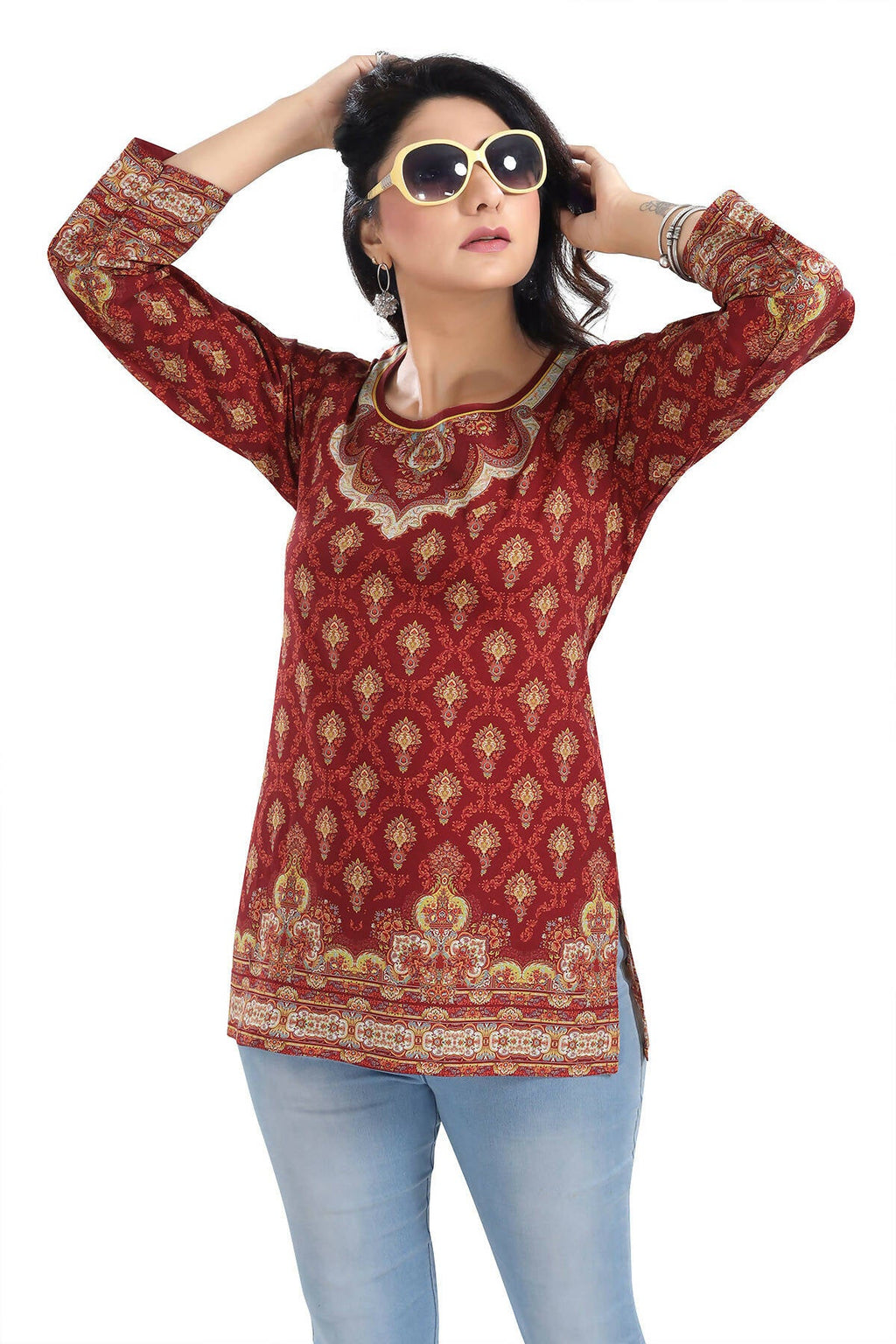 Snehal Creations Magical Maroon Printed Short Kurti Tunic Top - Distacart