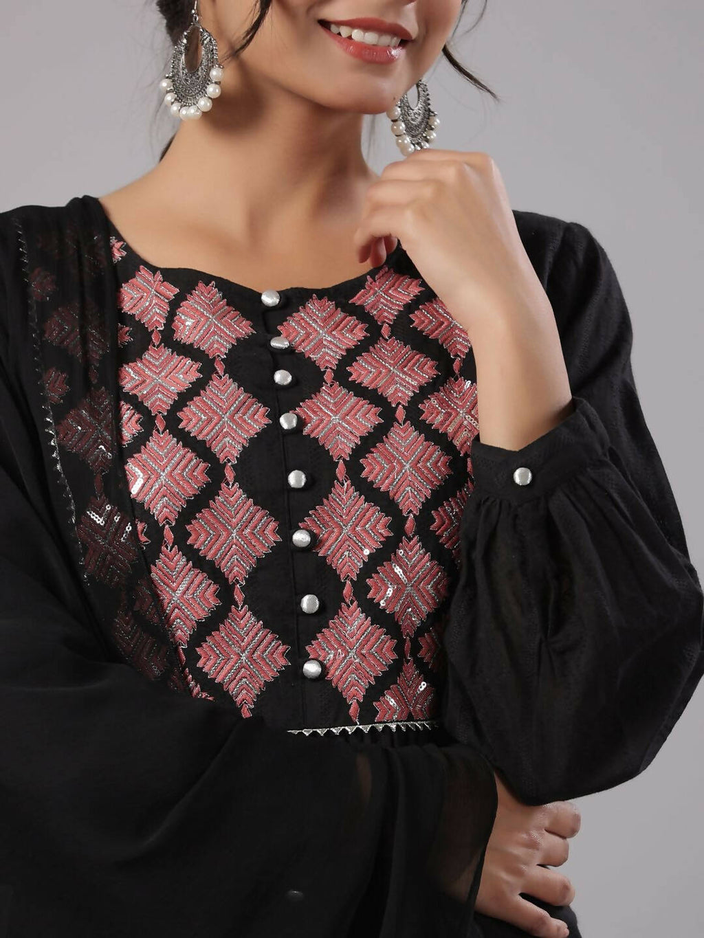 Juniper Women's Black Cotton Dobby Solid With Embroidery Flared Kurta Sets - Distacart