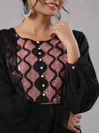 Juniper Women's Black Cotton Dobby Solid With Embroidery Flared Kurta Sets - Distacart