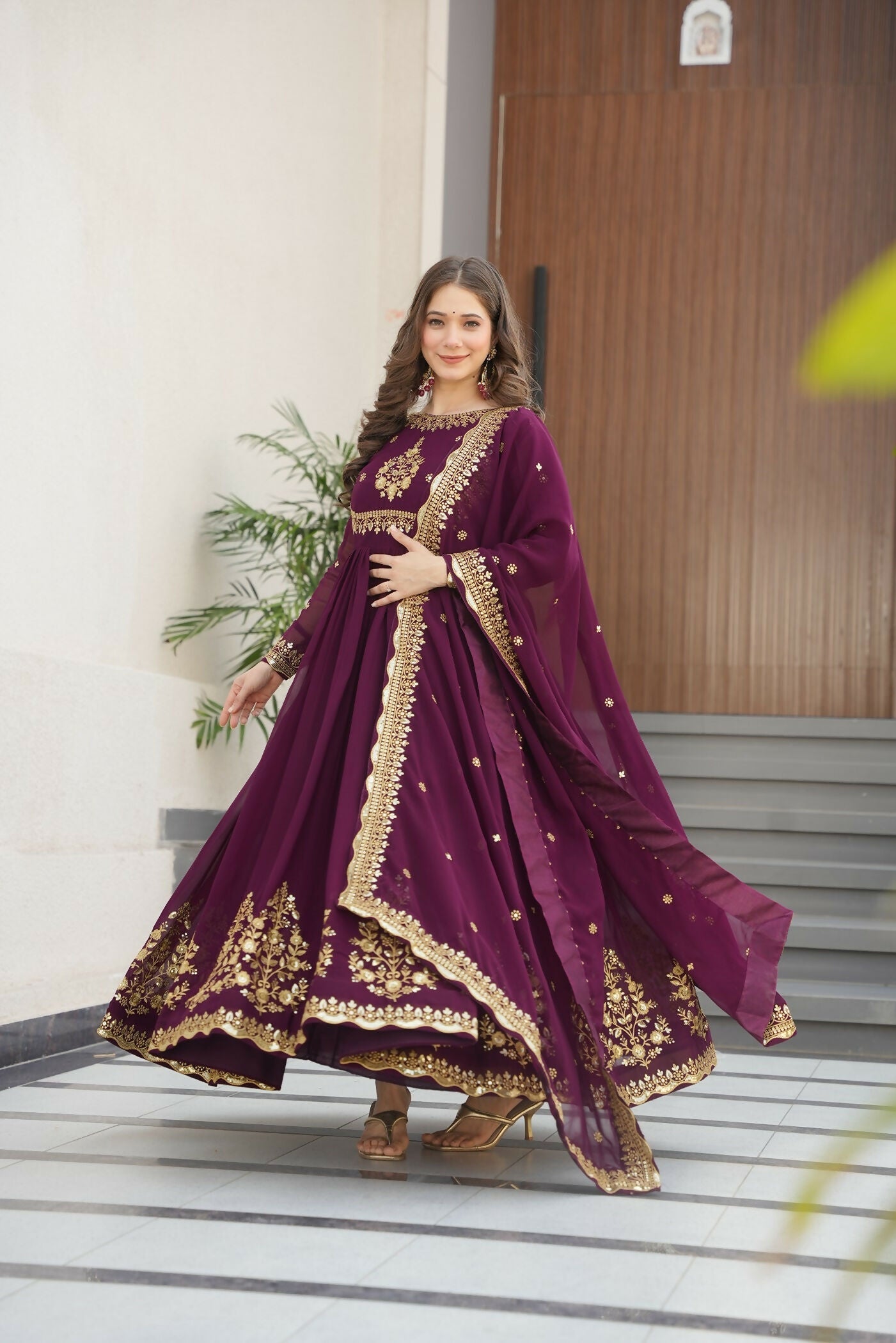 Joban Fashion Wine Georgette Sequence Embroidery Work Kurta Set - Distacart