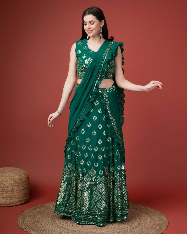 Green Georgette Sequence Embroidered Lehenga Choli with Dupatta - Tanya