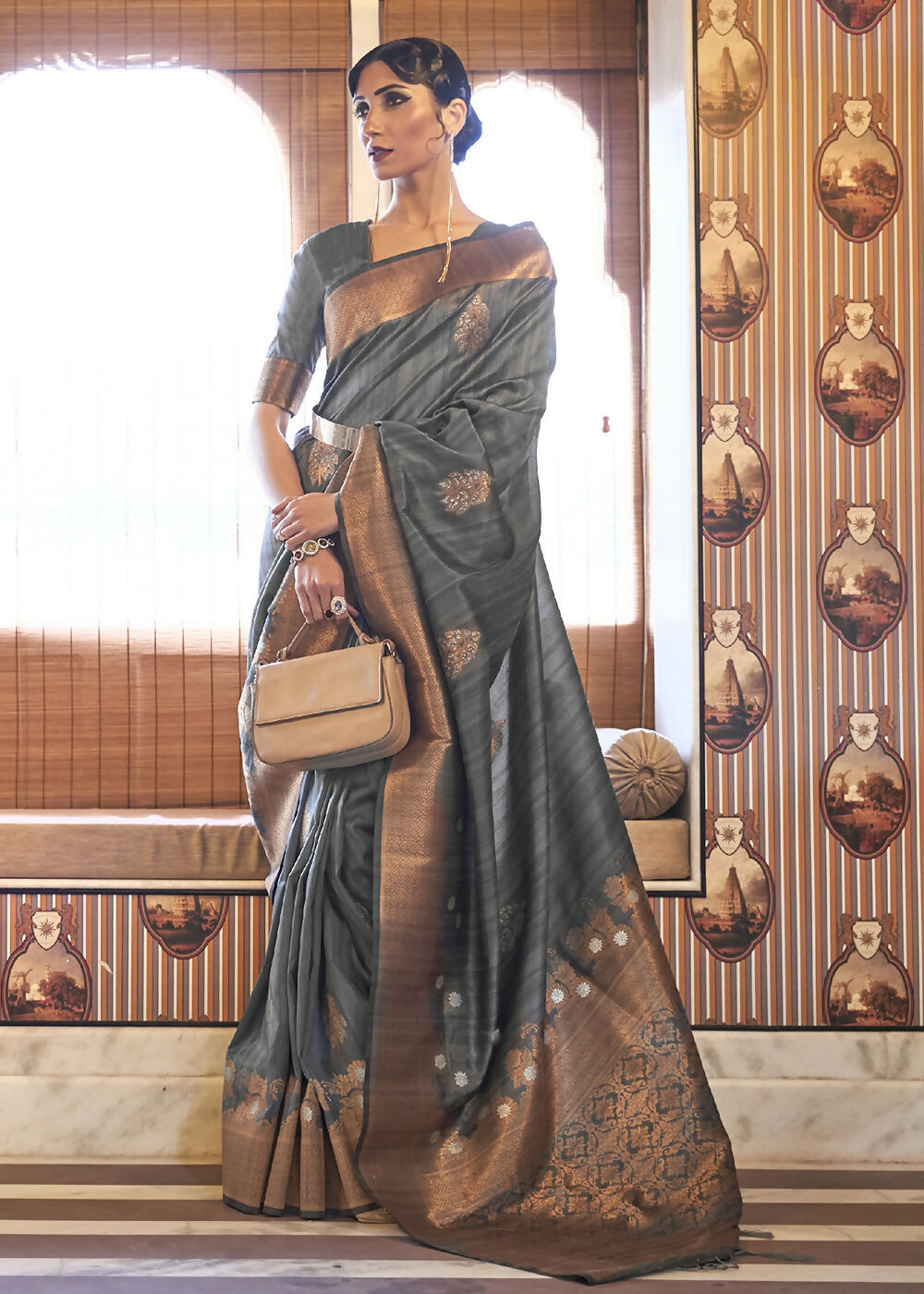 Platinum Grey Tussar Banarasi Silk Designer Saree - Emponline