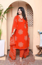 Miravan Womens Floral Printed Straight Fit Kurta With Palazzo And Dupatta - Orange - Distacart