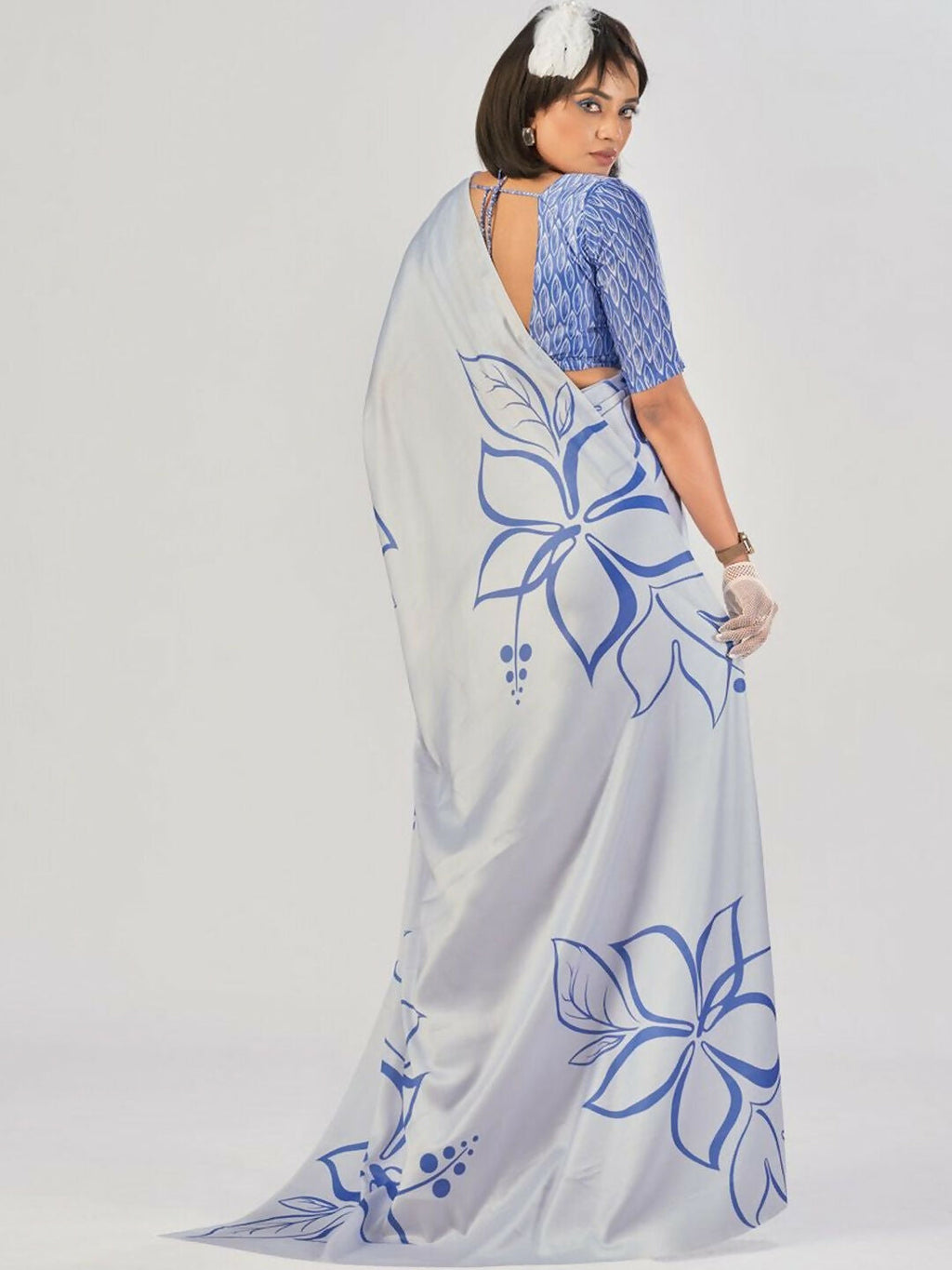 Vastranavya Sea Blue Satin Silk Elegant Printed Saree with Unstitched Blouse - Distacart