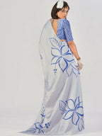 Vastranavya Sea Blue Satin Silk Elegant Printed Saree with Unstitched Blouse - Distacart