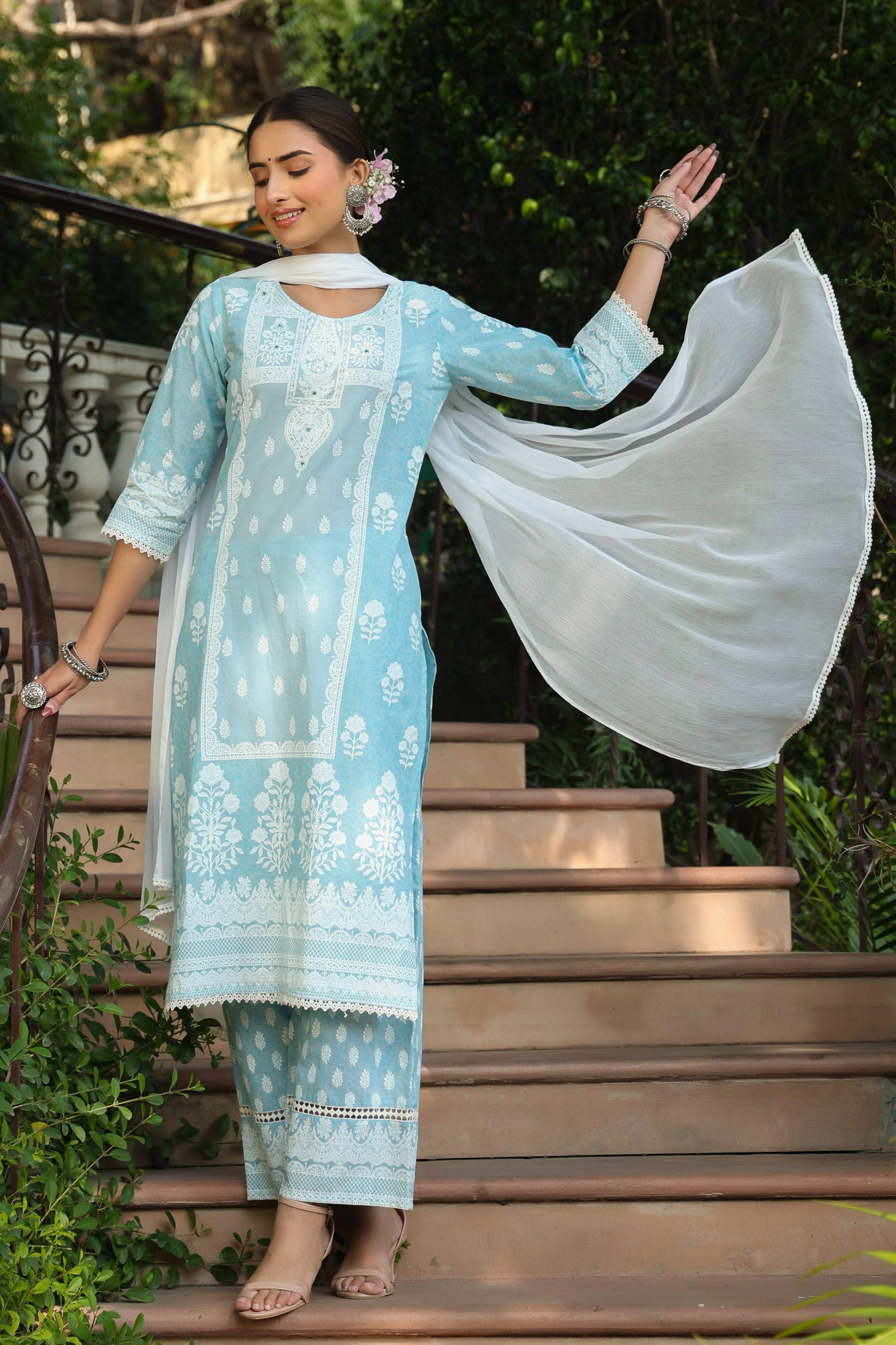Juniper Women's Skyblue Printed Straight Kurta Sets - Distacart