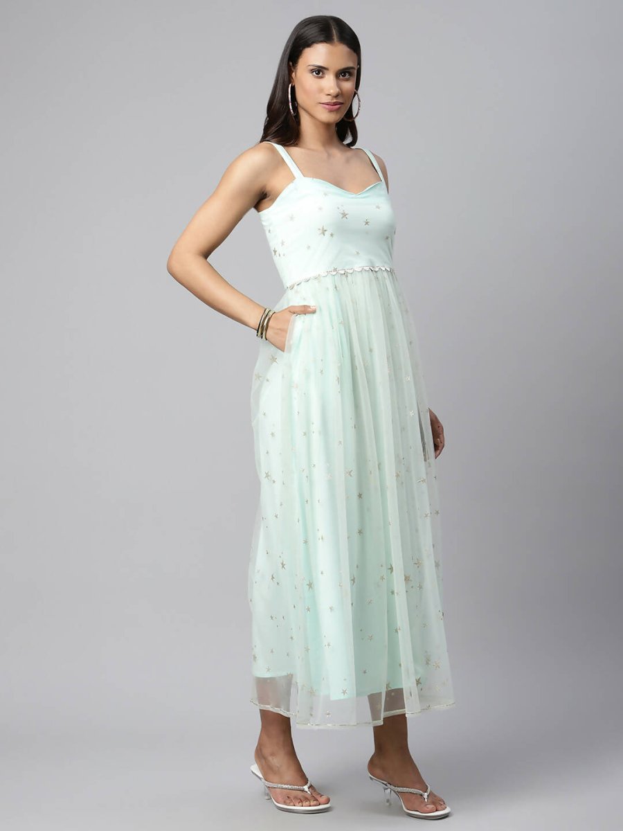 Ahalyaa Women Summer Blue Net Glitter Printed Dress - Distacart