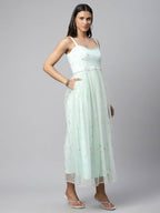 Ahalyaa Women Summer Blue Net Glitter Printed Dress - Distacart
