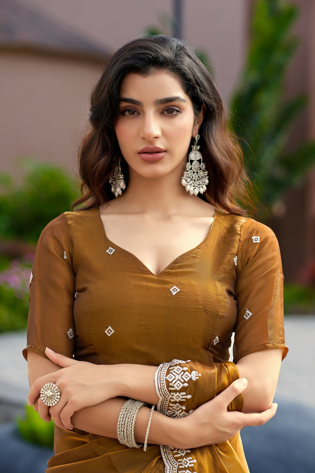 Vastranavya Brown Embroidery Work Shimmer Chiffon Saree with Unstitched Blouse - Distacart