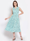 Myshka Women's Green Printed Rayon Sleeveless Collar Neck Casual Dress