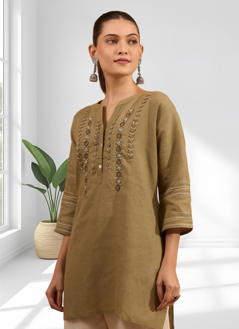 Joban Fashion Light Brown Linen Embroidered Readymade Tunic - Distacart