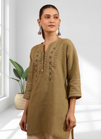 Joban Fashion Light Brown Linen Embroidered Readymade Tunic - Distacart